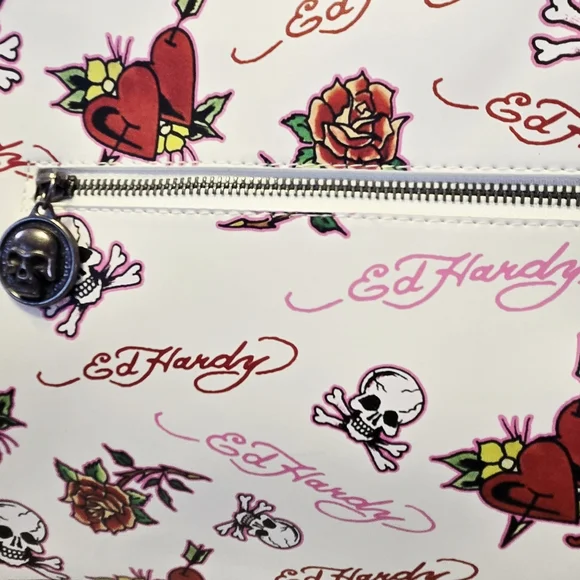 NEW Ed Hardy White Women's Bag With Skull,Rose & Heart Tattoo Designs Y2K NWT - Picture 5 of 6